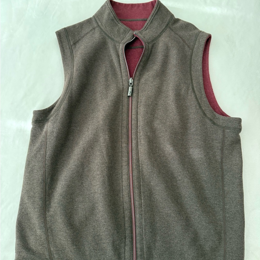 Tommy Bahama Reversible Vest Mens L Full Zip Solid Casual Brown/Burgundy E53